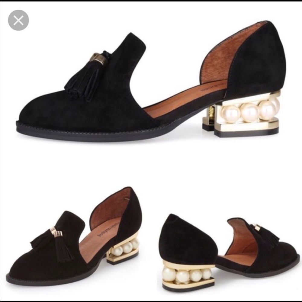 Jeffrey Campbell Civil Pearl Heel Black Leather Loafers